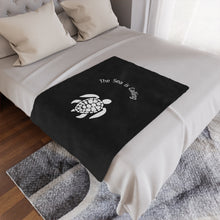 Load image into Gallery viewer, Baby Sea Turtle. The Sea is Calling. White on black. Minky Blanket