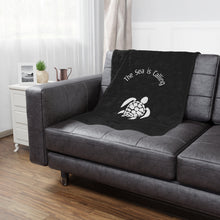 Load image into Gallery viewer, Baby Sea Turtle. The Sea is Calling. White on black. Minky Blanket