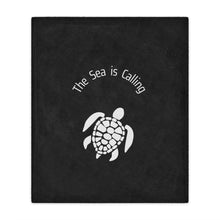 Load image into Gallery viewer, Baby Sea Turtle. The Sea is Calling. White on black. Minky Blanket