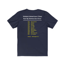 Load image into Gallery viewer, Politics. Democrats. Violence. "Violent, Democrat Run Cities." Unisex Jersey Short Sleeve Tee - GRW Designs