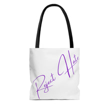 Load image into Gallery viewer, "Reject Hate. Purple." AOP Tote Bag