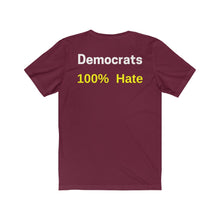 Load image into Gallery viewer, "Democrats 100% Hate." Unisex Jersey Short Sleeve Tee