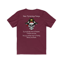 Load image into Gallery viewer, Back Printed. Left vs. Right. Liberalism vs. Conservatism. "Heed my warnings Mateys." Unisex Jersey Short Sleeve Tee