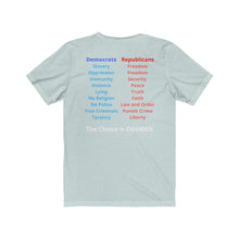 Load image into Gallery viewer, "Democrats Vs. Republicans. the Choice is Clear." Unisex Jersey Short Sleeve Tee
