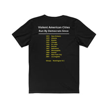 Load image into Gallery viewer, Politics. Democrats. Violence. "Violent, Democrat Run Cities." Unisex Jersey Short Sleeve Tee - GRW Designs