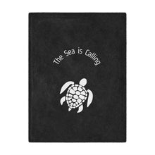 Load image into Gallery viewer, Baby Sea Turtle. The Sea is Calling. White on black. Minky Blanket
