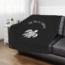 Load image into Gallery viewer, Baby Sea Turtle. The Sea is Calling. White on black. Minky Blanket
