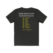 Load image into Gallery viewer, Politics. Democrats. Violence.  &quot;Violent, Democrat Run Cities.&quot;  Unisex Jersey Short Sleeve Tee - GRW Designs
