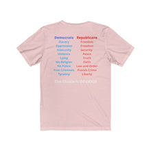 Load image into Gallery viewer, &quot;Democrats Vs. Republicans. the Choice is Clear.&quot;  Unisex Jersey Short Sleeve Tee
