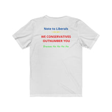 Load image into Gallery viewer, Politics. Liberal. Conservative.  &quot;Conservatives Outnumber Liberals, Bwaa Ha.&quot;  Unisex Jersey Short Sleeve Tee - GRW Designs
