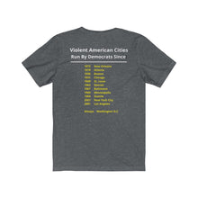 Load image into Gallery viewer, Politics. Democrats. Violence.  &quot;Violent, Democrat Run Cities.&quot;  Unisex Jersey Short Sleeve Tee - GRW Designs
