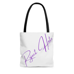 "Reject Hate. Purple."  AOP Tote Bag