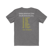 Load image into Gallery viewer, Politics. Democrats. Violence.  &quot;Violent, Democrat Run Cities.&quot;  Unisex Jersey Short Sleeve Tee - GRW Designs
